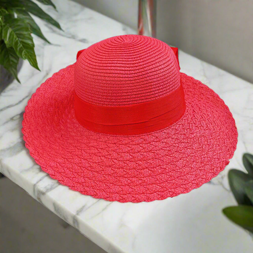 Wide-Brim Woven Straw Sun Hat with Bow Ribbon Trim | Hats