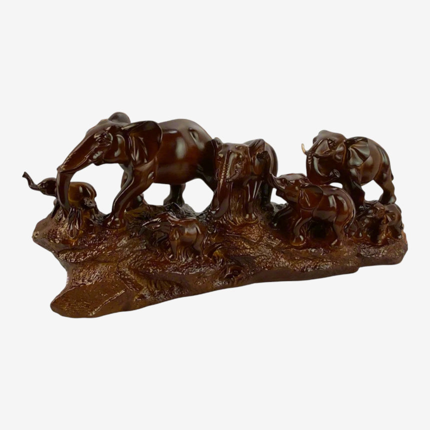 Elephant Family Herd Sculpture – Mahogany Brown Wood-Look Centerpiece | Home Decor