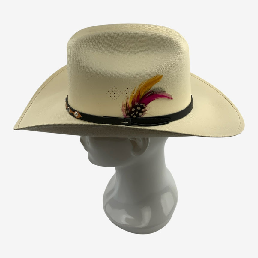 Cream Shantung Straw Western — Structured Brim, Feather Accent | Hats