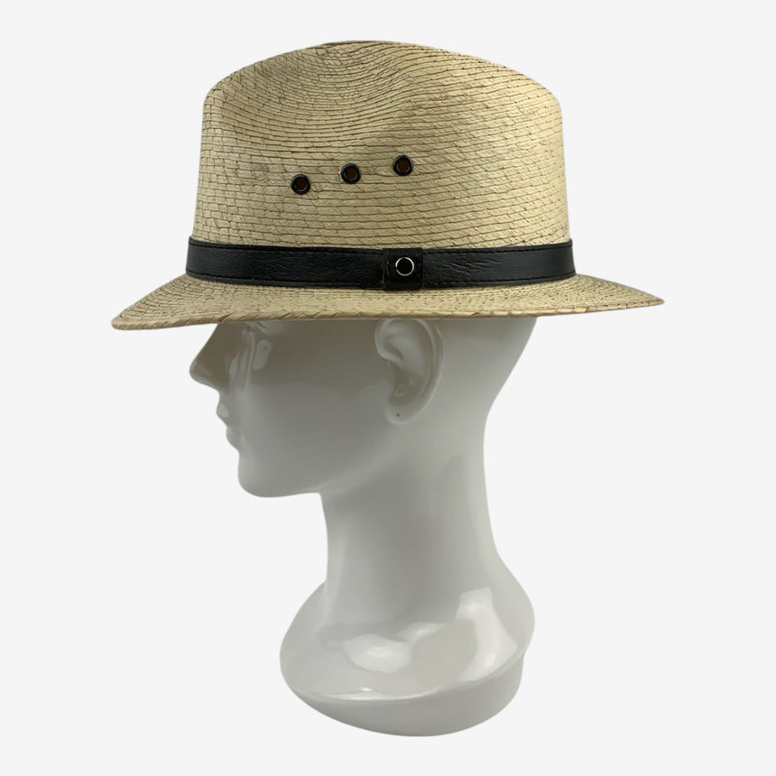 Woven Straw Fedora Hat with Vent Eyelets & Black Band | Hats