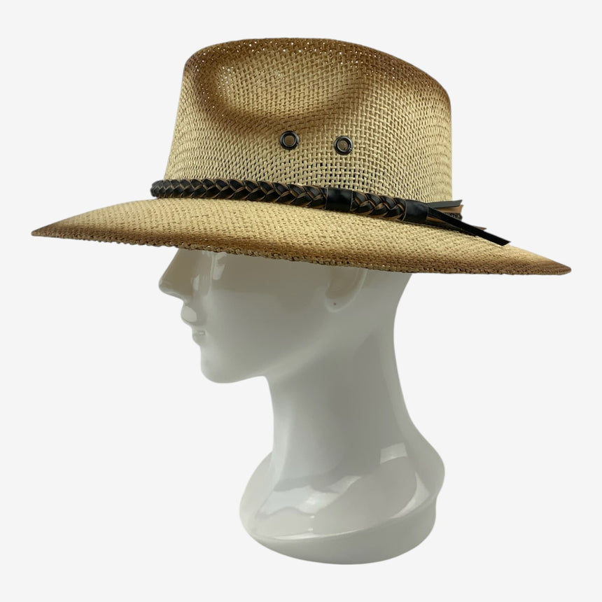 Wide-Brim Woven Straw Safari — Burnt Edge & Braided Band | Hats