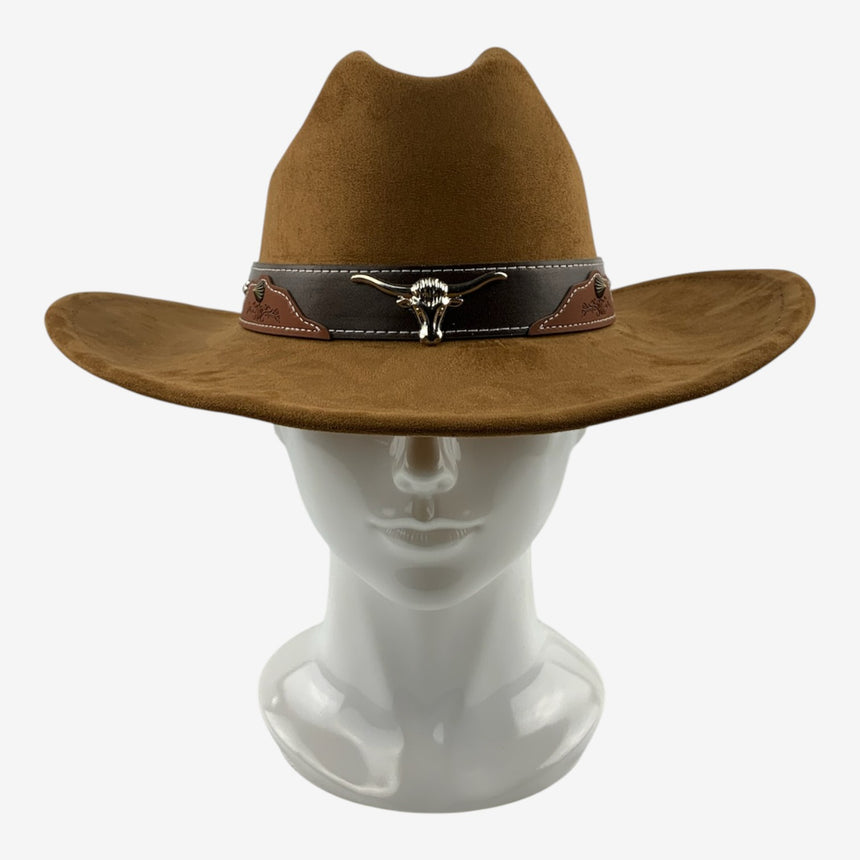 Brown Felt Cowboy Hat with Longhorn Emblem and Studded Band | Hats