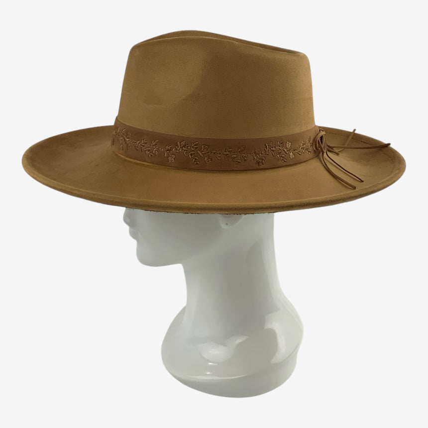 Wide-Brim Wool Felt Fedora with Embroidered Floral Band | Hats