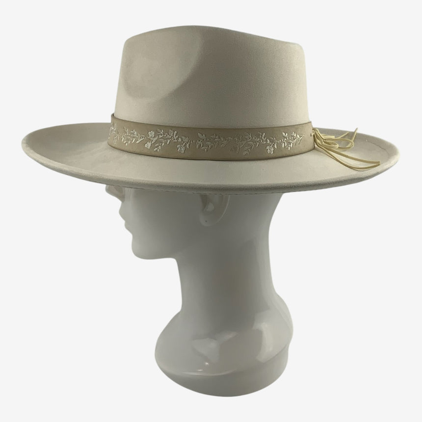 Wide-Brim Wool Felt Fedora with Embroidered Floral Band | Hats