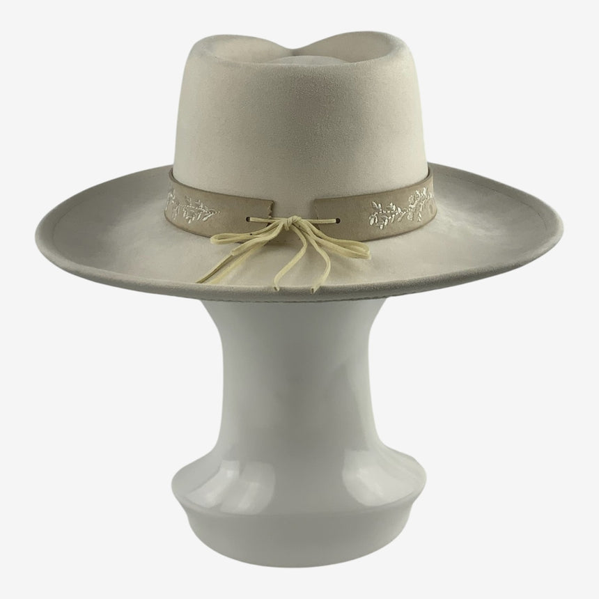 Wide-Brim Wool Felt Fedora with Embroidered Floral Band | Hats