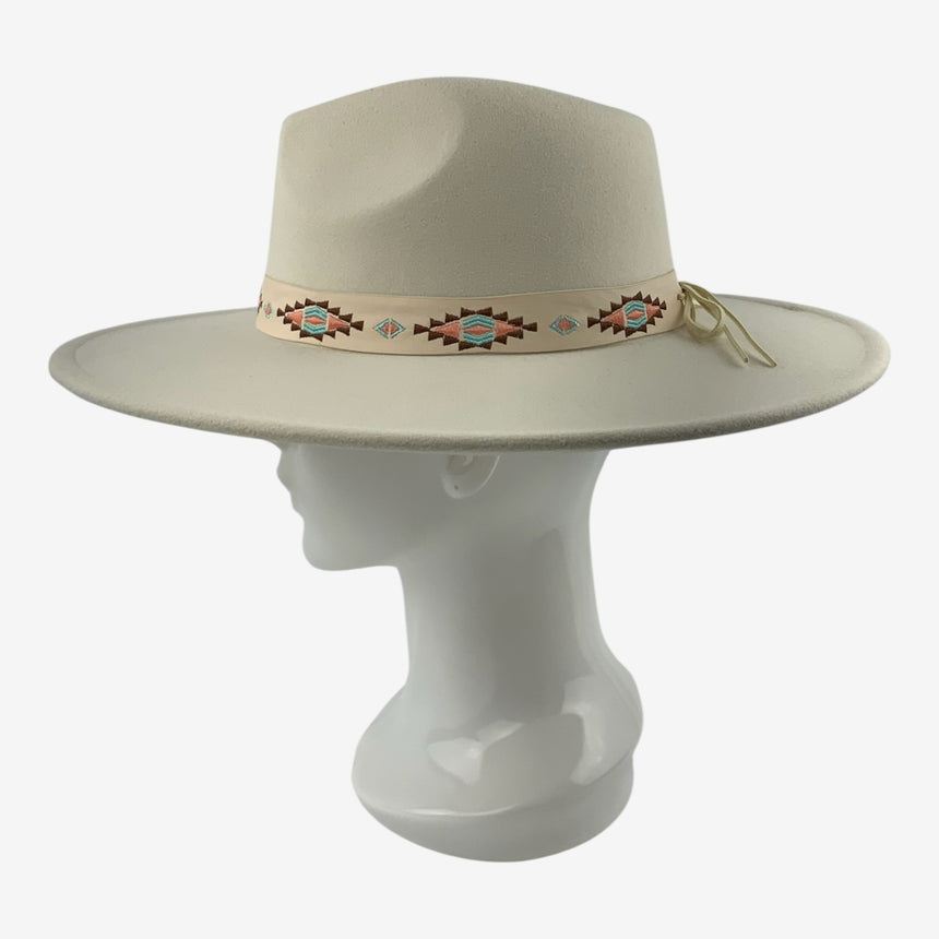 Wide-Brim Wool Felt Fedora with Southwest Embroidered Band | Hats