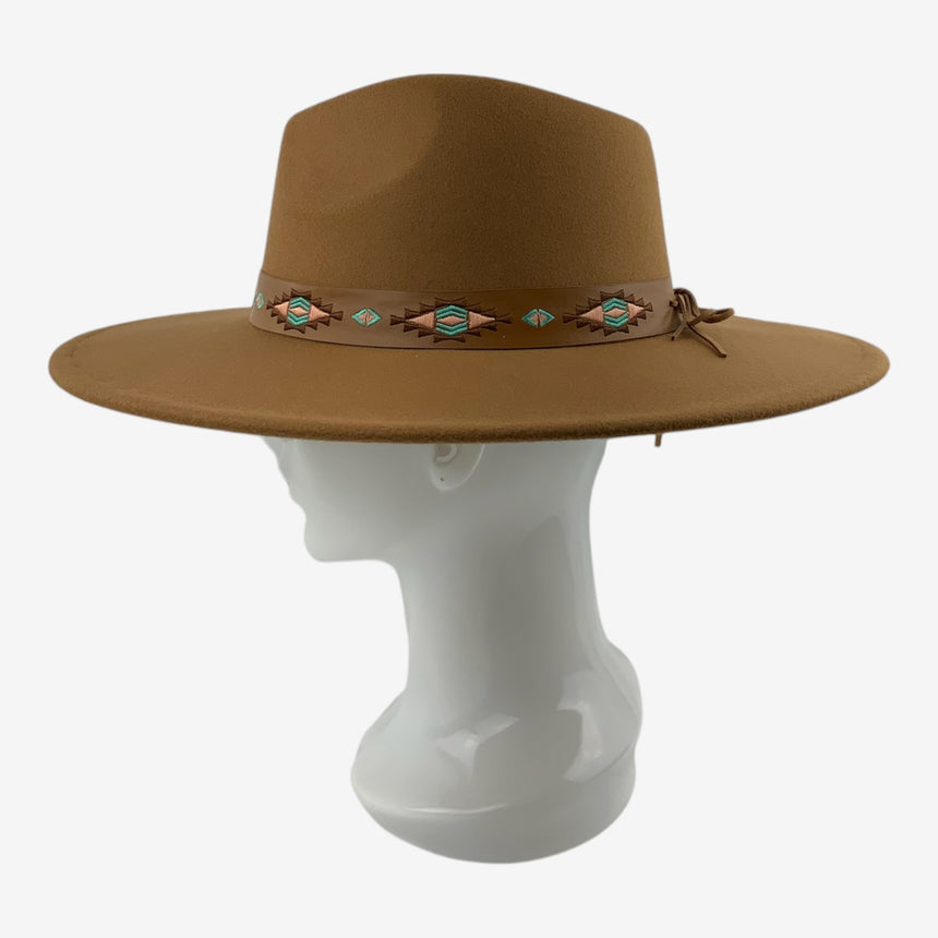 Wide-Brim Wool Felt Fedora with Southwest Embroidered Band | Hats