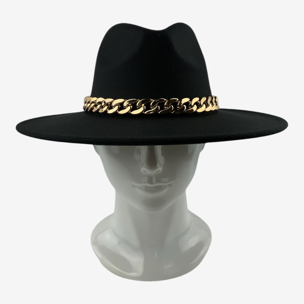 Structured Wide-Brim Wool Felt Fedora with Gold-Tone Chain  display picture 1