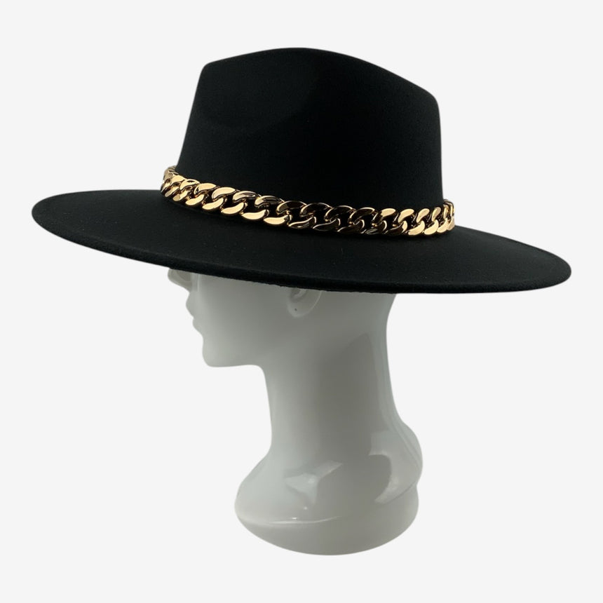 Structured Wide-Brim Wool Felt Fedora with Gold-Tone Chain Band | Hats