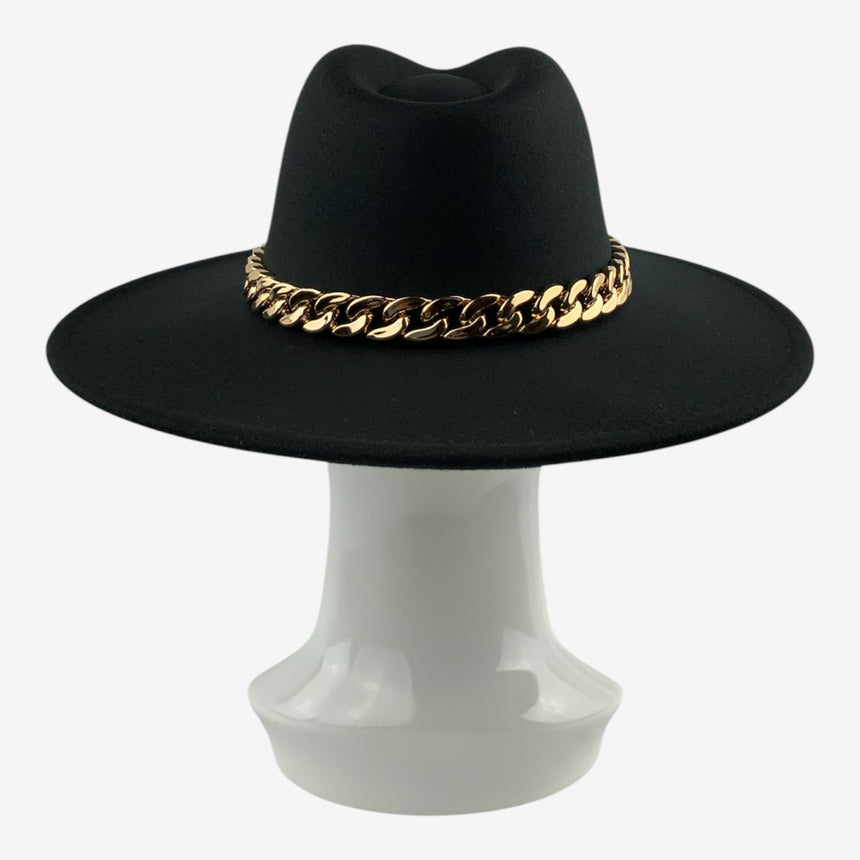 Structured Wide-Brim Wool Felt Fedora with Gold-Tone Chain Band | Hats