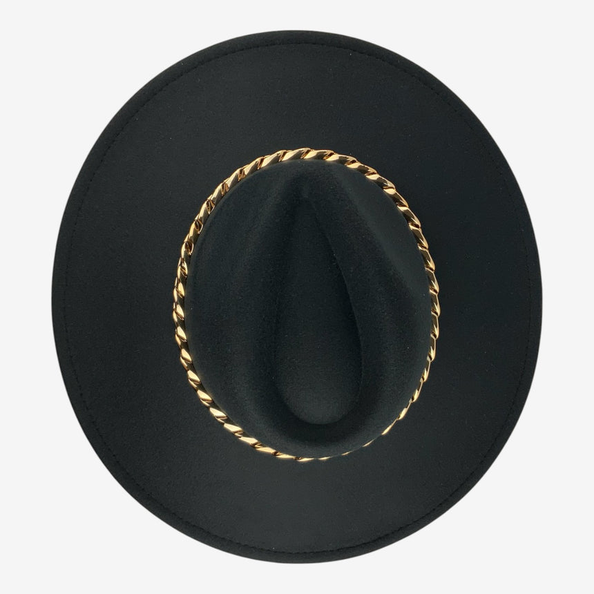 Structured Wide-Brim Wool Felt Fedora with Gold-Tone Chain Band | Hats