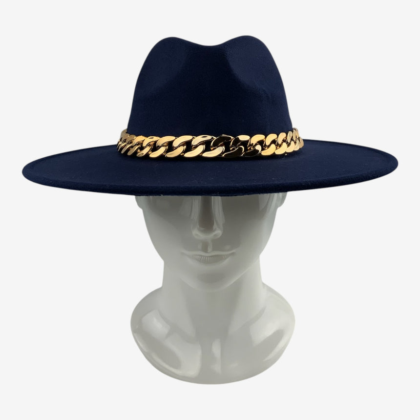 Structured Wide-Brim Wool Felt Fedora with Gold-Tone Chain Band | Hats