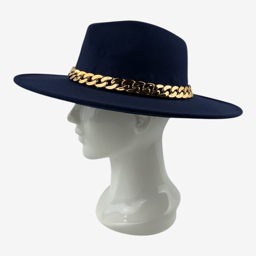 Structured Wide-Brim Wool Felt Fedora with Gold-Tone Chain Band | Hats