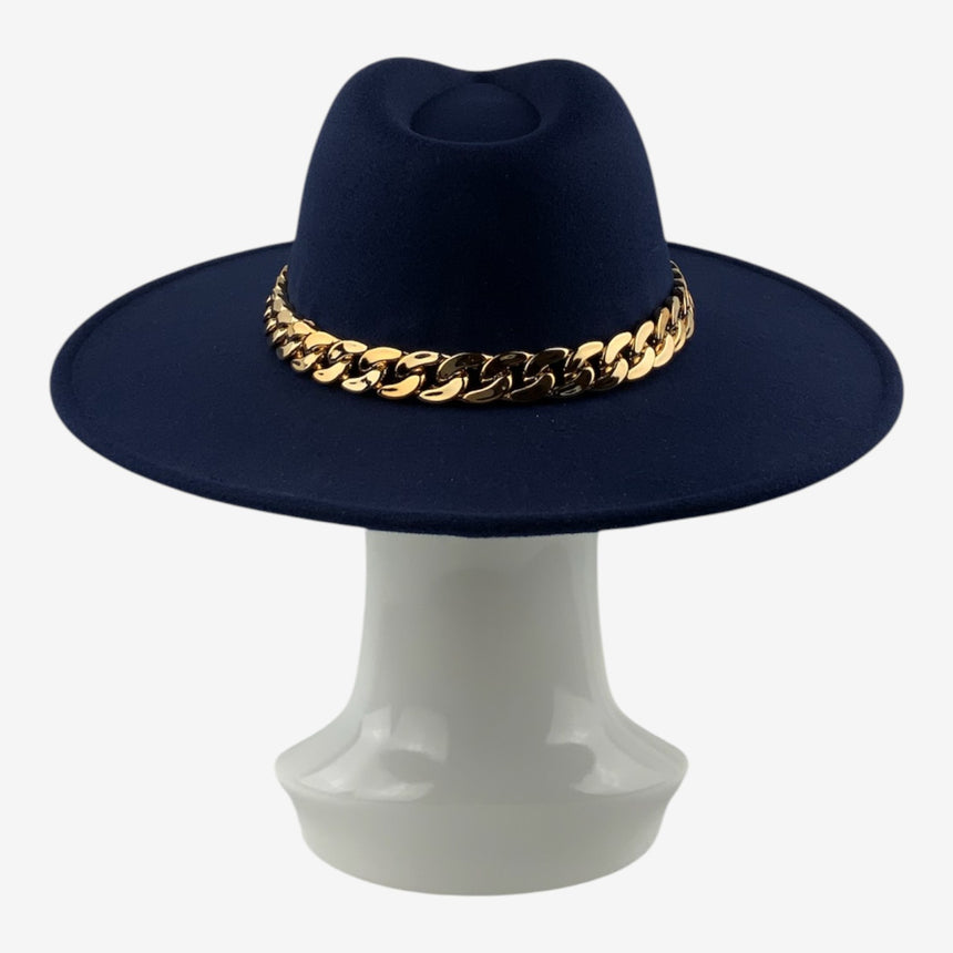 Structured Wide-Brim Wool Felt Fedora with Gold-Tone Chain Band | Hats