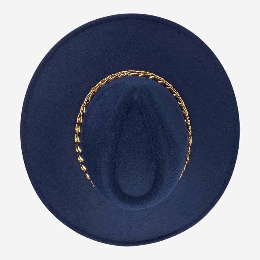 Structured Wide-Brim Wool Felt Fedora with Gold-Tone Chain Band | Hats