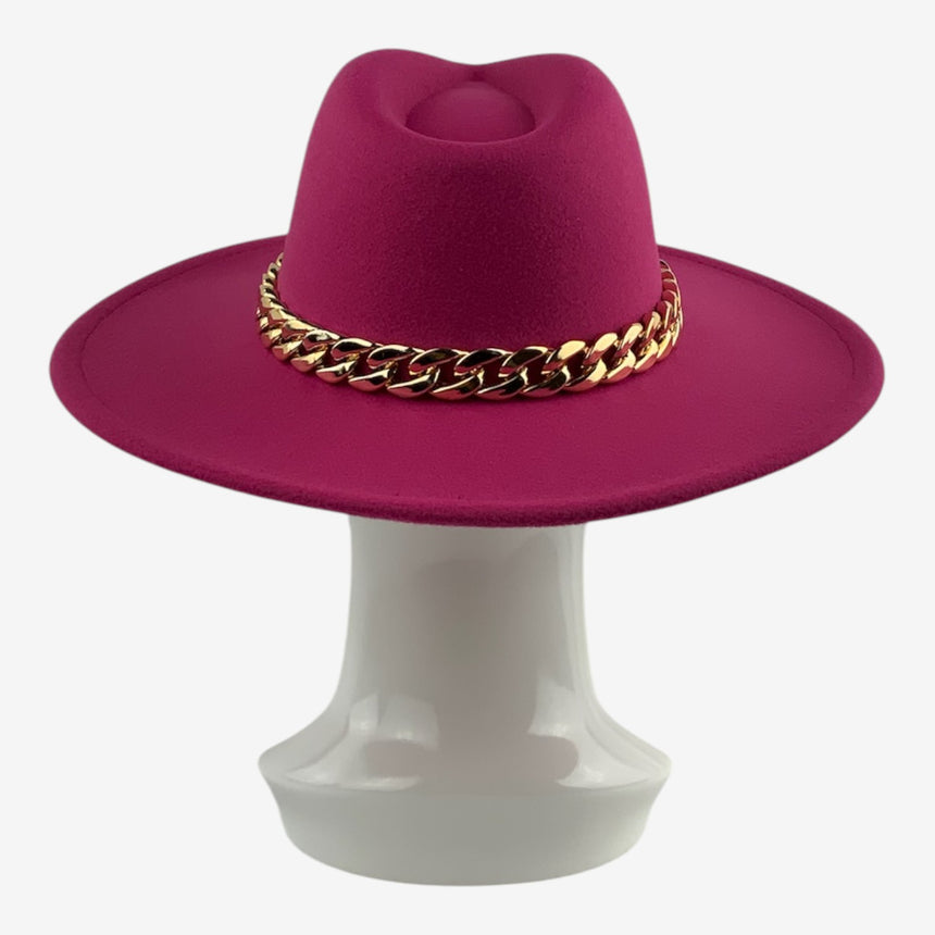 Structured Wide-Brim Wool Felt Fedora with Gold-Tone Chain Band | Hats