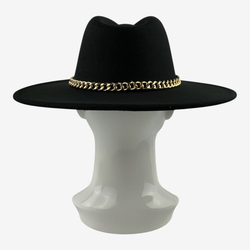 Wide-Brim Wool Felt Fedora with Slim Gold-Tone Chain | Hats