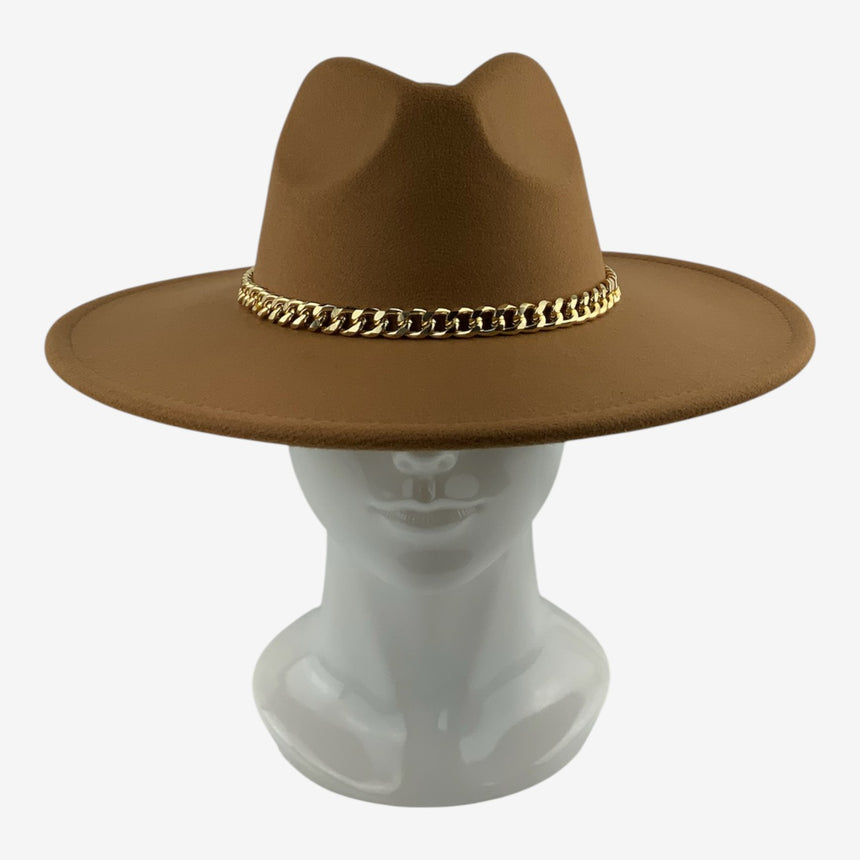 Wide-Brim Wool Felt Fedora with Slim Gold-Tone Chain | Hats
