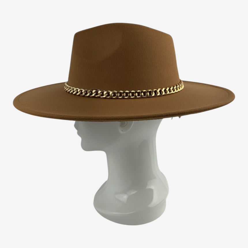 Wide-Brim Wool Felt Fedora with Slim Gold-Tone Chain | Hats