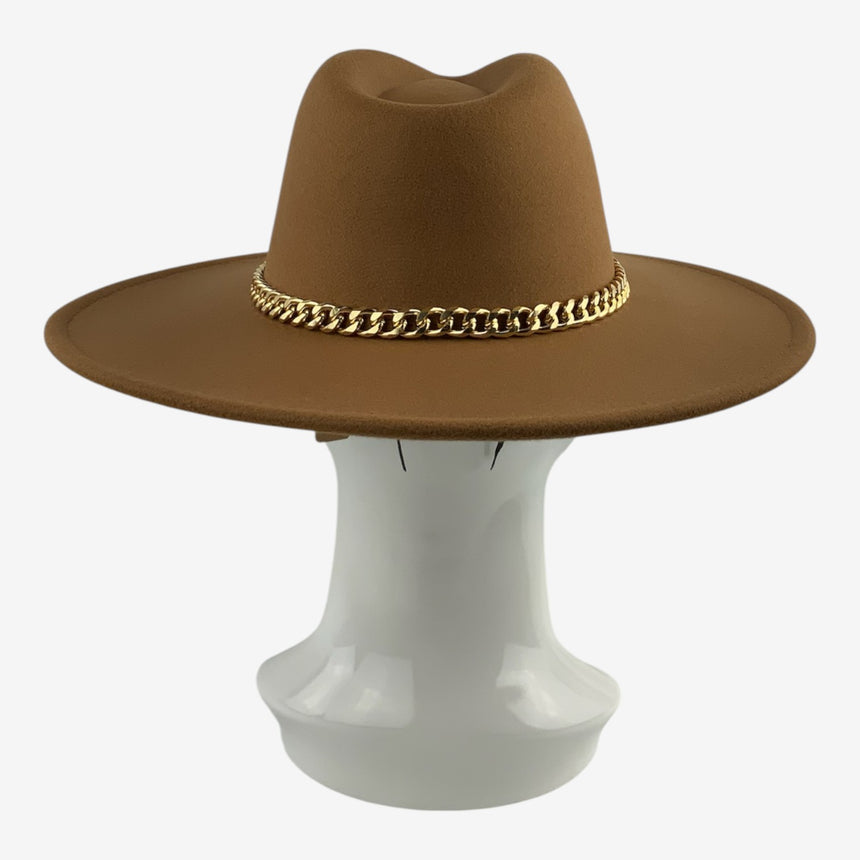Wide-Brim Wool Felt Fedora with Slim Gold-Tone Chain | Hats