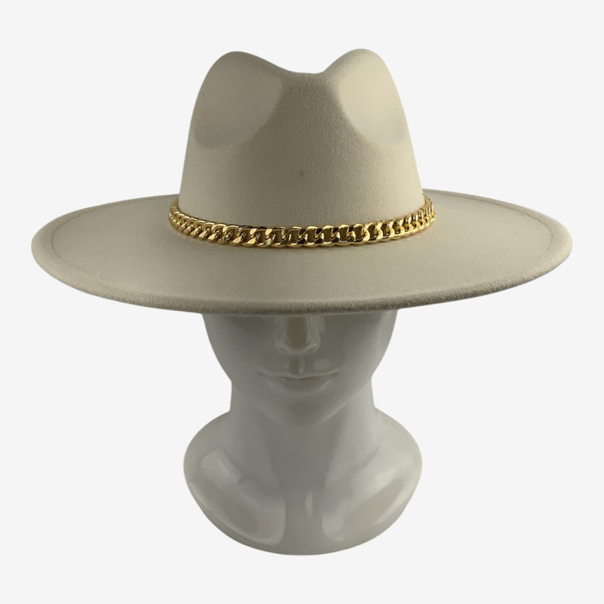 Wide-Brim Wool Felt Fedora with Slim Gold-Tone Chain | Hats