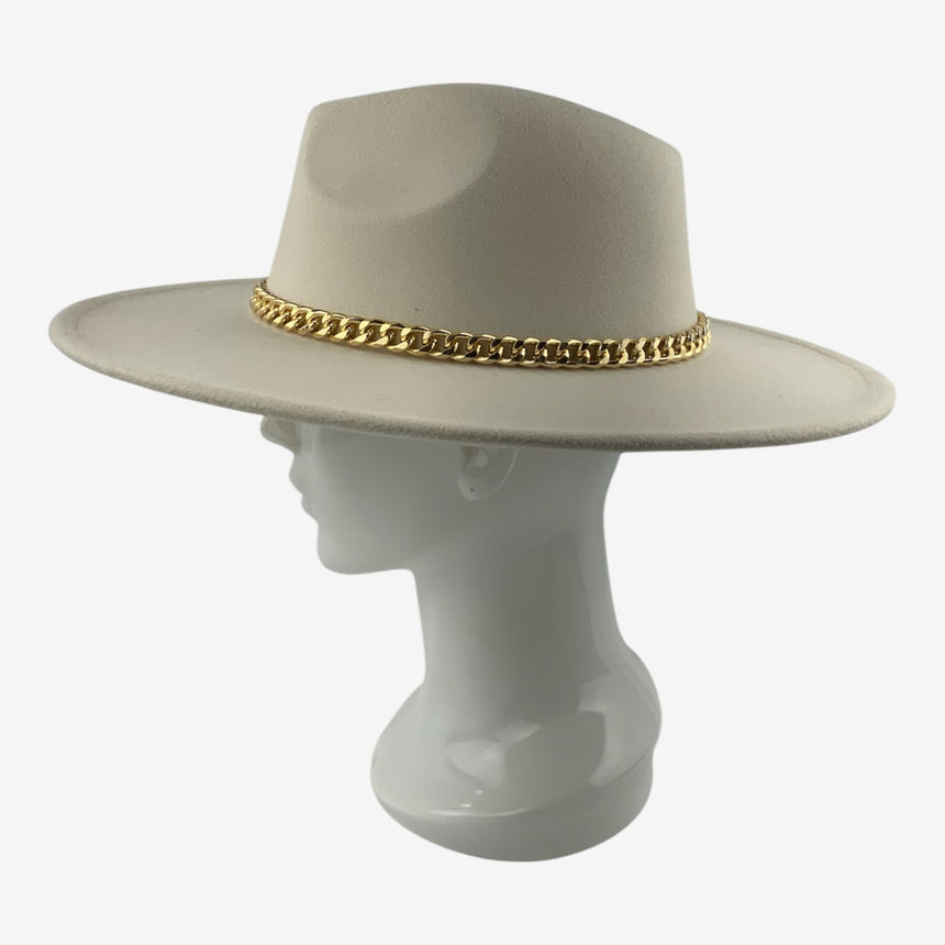 Wide-Brim Wool Felt Fedora with Slim Gold-Tone Chain | Hats