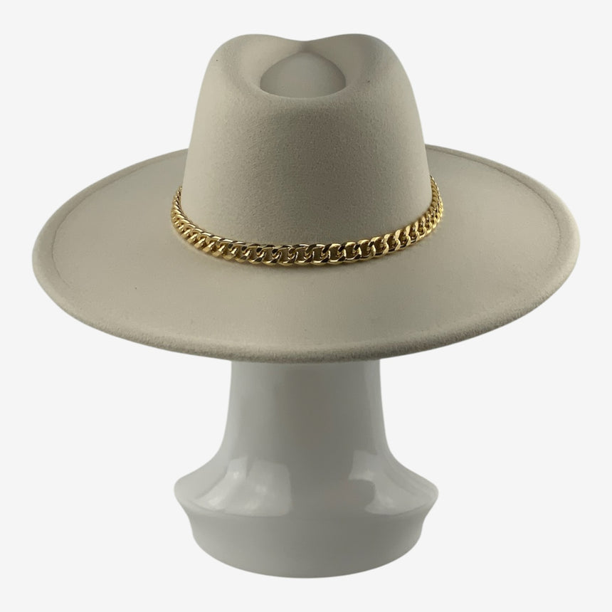 Wide-Brim Wool Felt Fedora with Slim Gold-Tone Chain | Hats