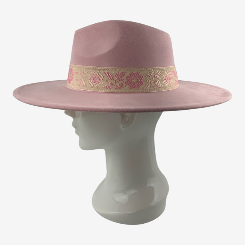 Wide-Brim Wool Felt Fedora with Embroidered Floral Ribbon, Pastel Pink | Hats