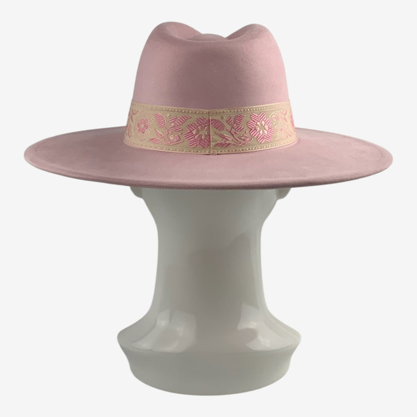 Wide-Brim Wool Felt Fedora with Embroidered Floral Ribbon, Pastel Pink | Hats