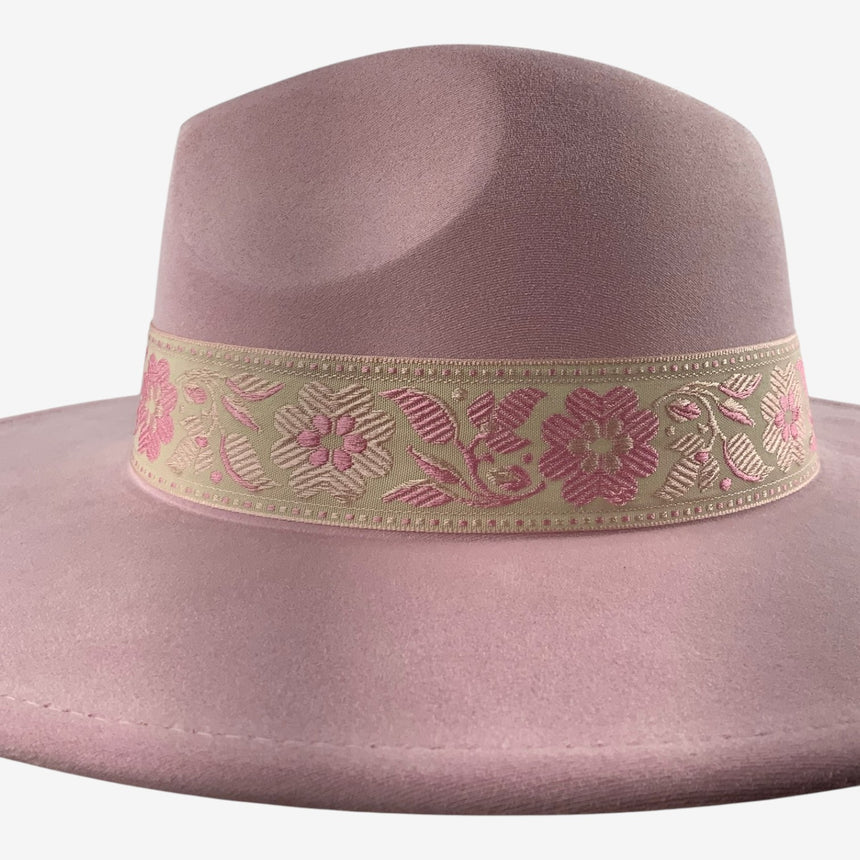 Wide-Brim Wool Felt Fedora with Embroidered Floral Ribbon, Pastel Pink | Hats