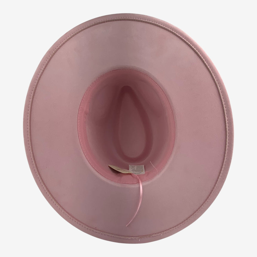 Wide-Brim Wool Felt Fedora with Embroidered Floral Ribbon, Pastel Pink | Hats