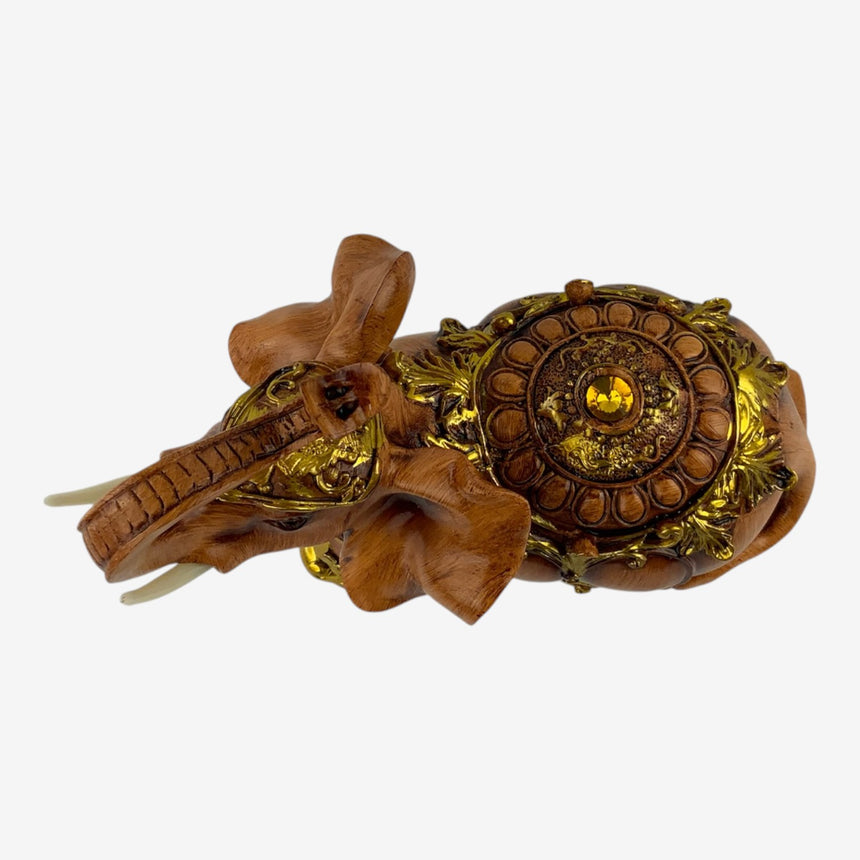 Ornate Resin Elephant Figurine — Carved Wood Finish, Gold Accents | Home Decor