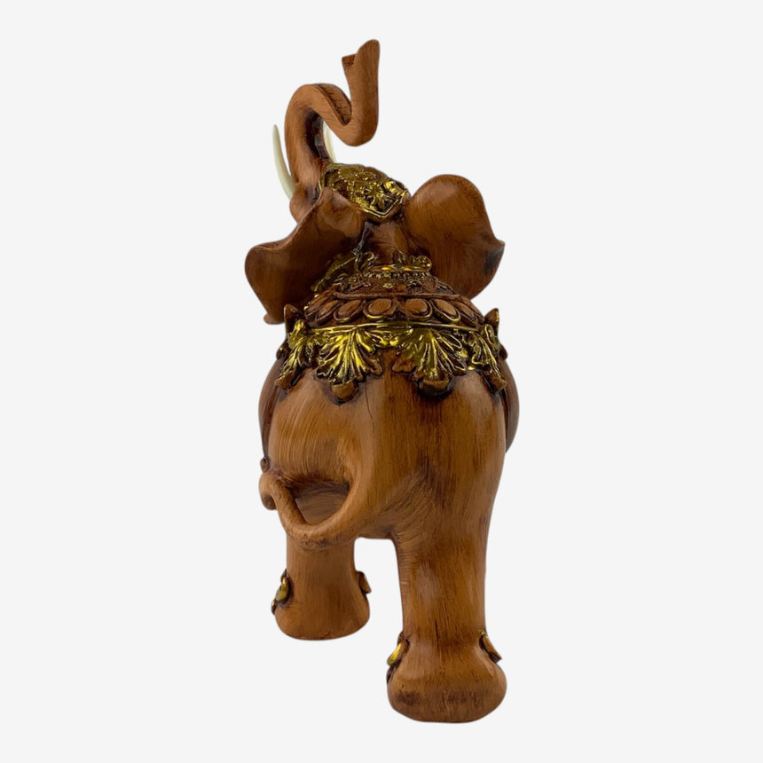 Ornate Resin Elephant Figurine — Carved Wood Finish, Gold Accents | Home Decor
