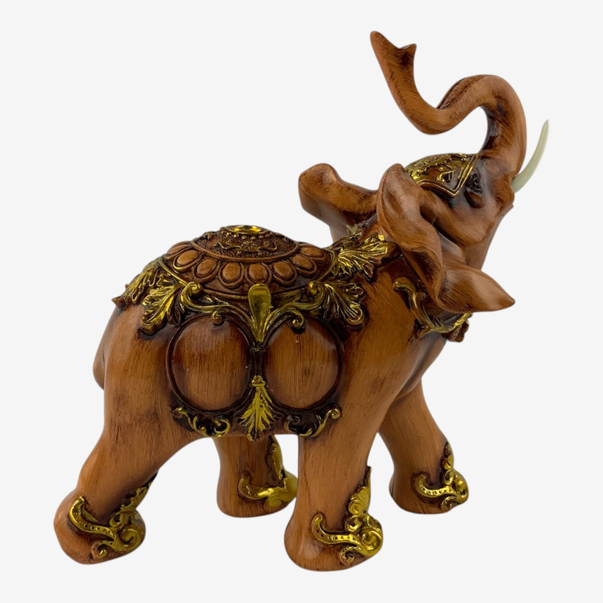Ornate Resin Elephant Figurine — Carved Wood Finish, Gold Accents | Home Decor