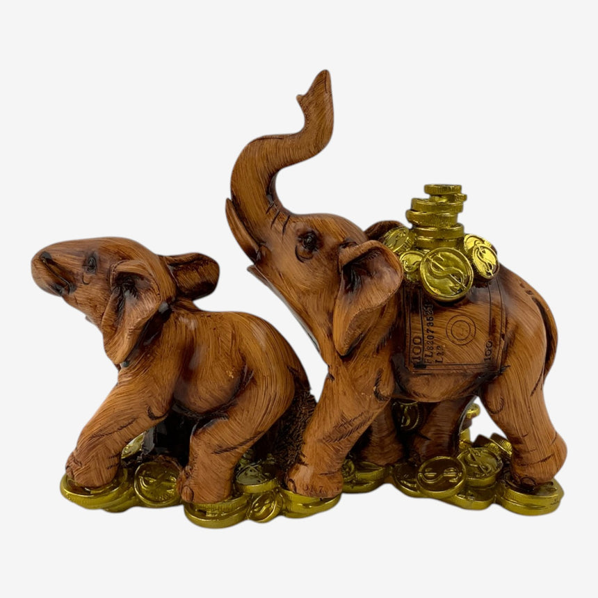 Elephant Family Figurine — Carved Wood, Gold Coins | Home Decor