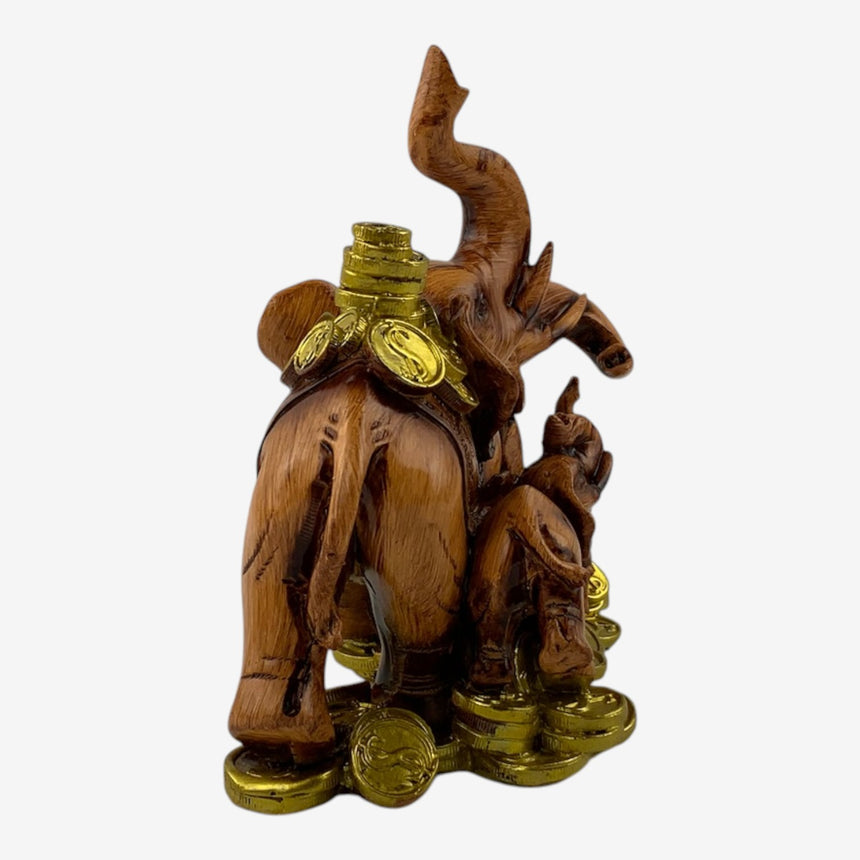 Elephant Family Figurine — Carved Wood, Gold Coins | Home Decor