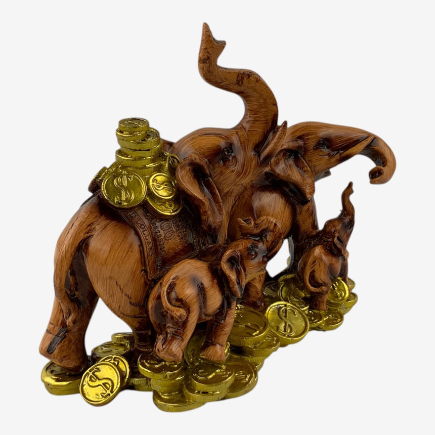 Elephant Family Figurine — Carved Wood, Gold Coins | Home Decor