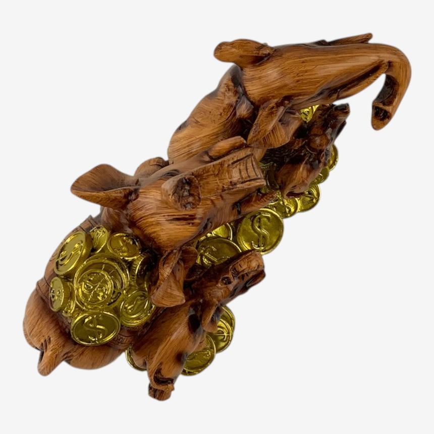 Elephant Family Figurine — Carved Wood, Gold Coins | Home Decor