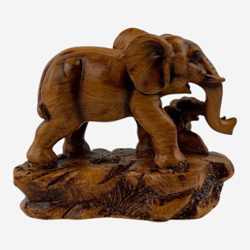 Carved Wooden Elephant Family Figurine, Mother & Calf | Home Decor