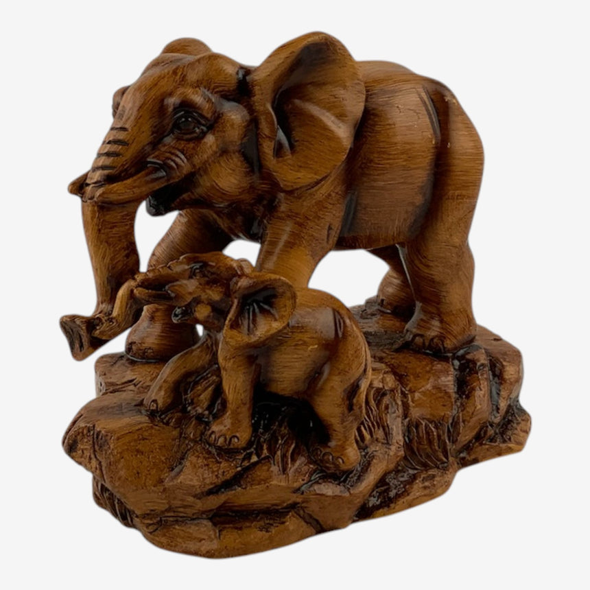 Carved Wooden Elephant Family Figurine, Mother & Calf | Home Decor