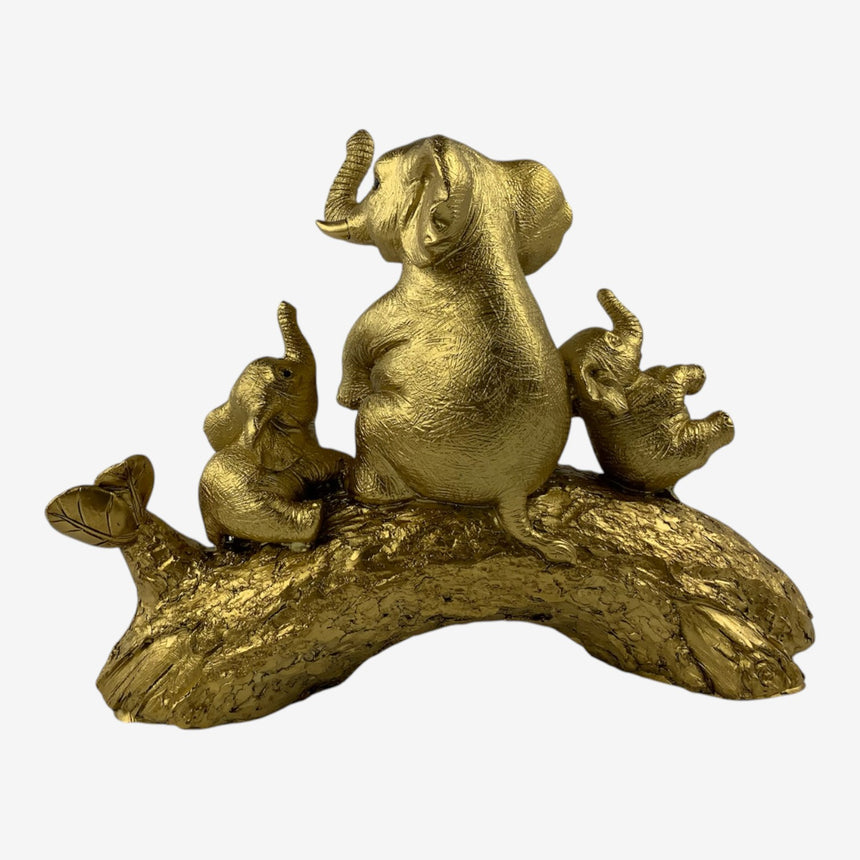 Gold-Tone Elephant Family Figurine on Tree Branch | Home Decor
