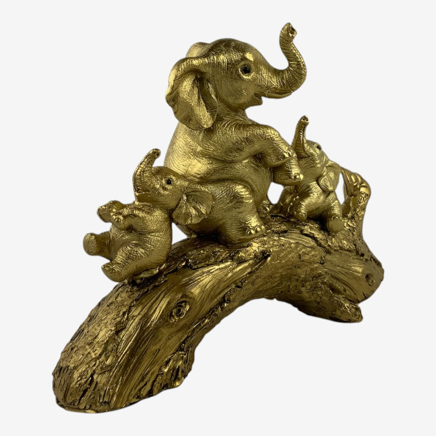 Gold-Tone Elephant Family Figurine on Tree Branch | Home Decor