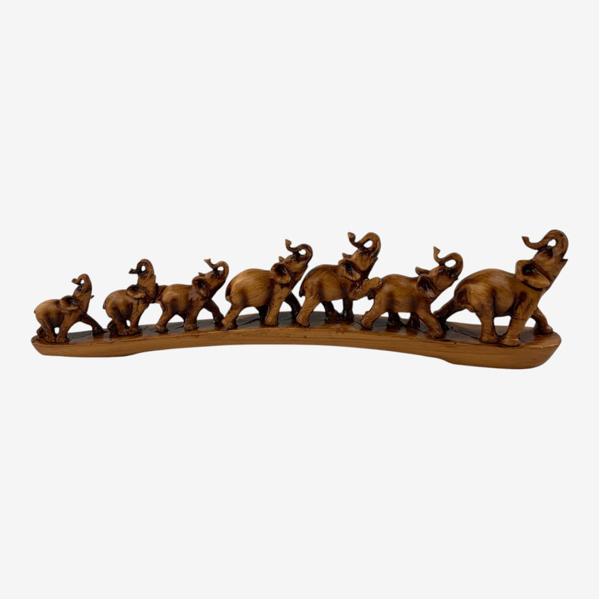 Carved Wood Elephant Family Sculpture — Curved Base | Home Decor