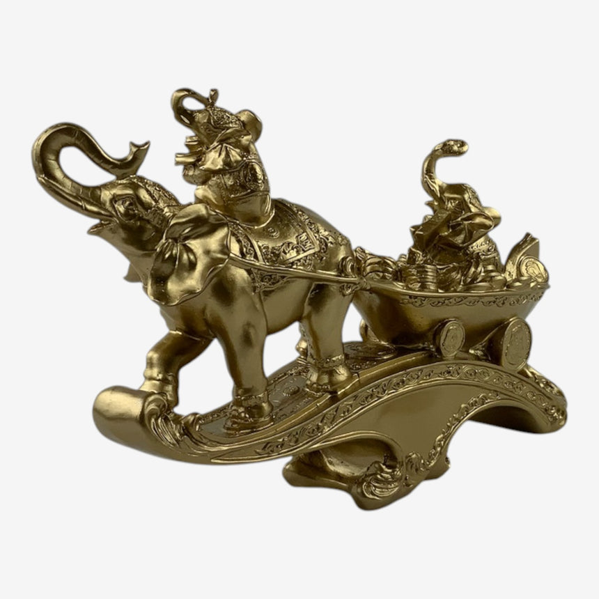 Gold-Tone Polyresin Elephant Cart Figurine with Coins | Home Decor