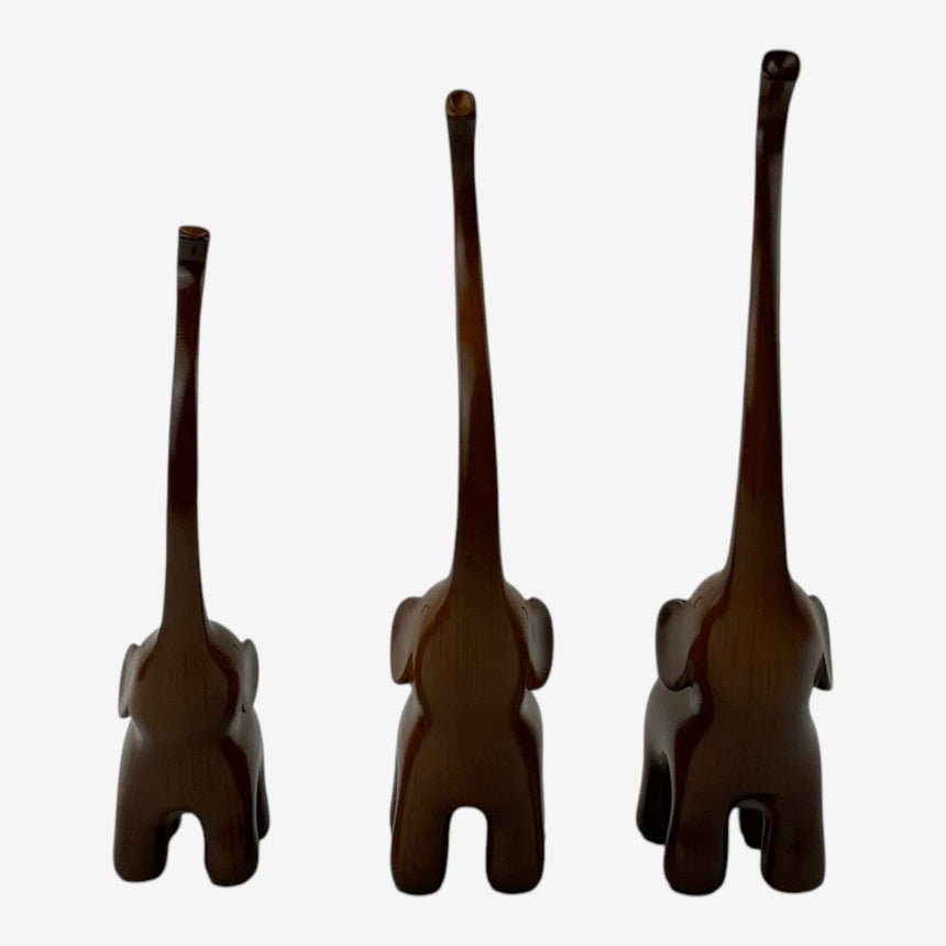 Minimalist Carved Wood Elephant Trio — Long Trunk Set | Home Decor