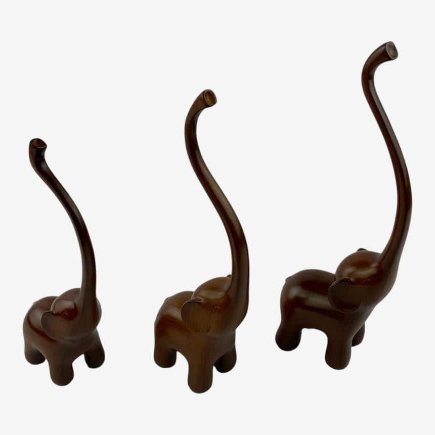 Minimalist Carved Wood Elephant Trio — Long Trunk Set | Home Decor