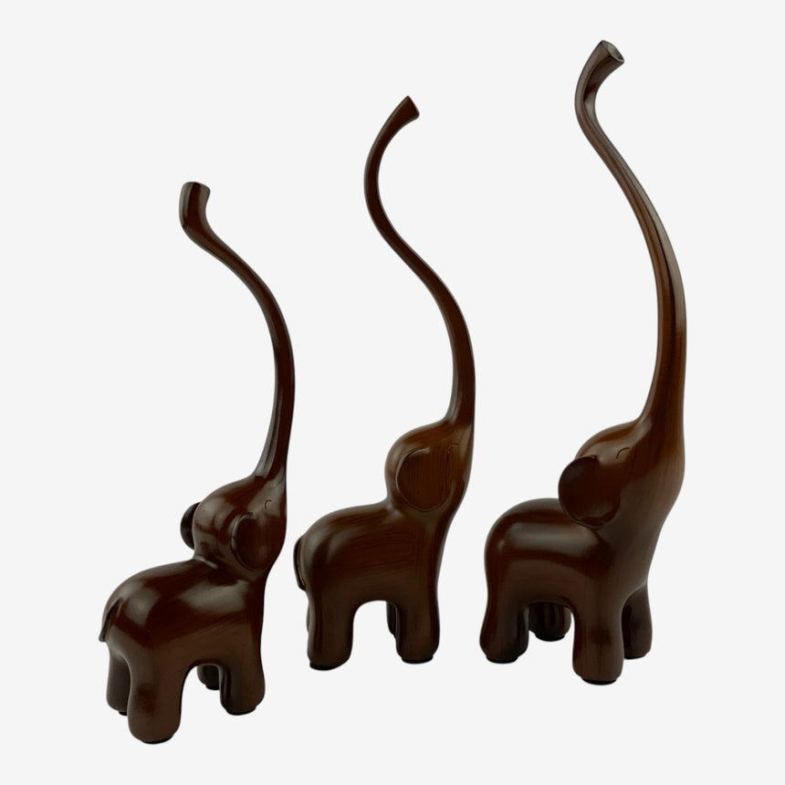 Minimalist Carved Wood Elephant Trio — Long Trunk Set | Home Decor