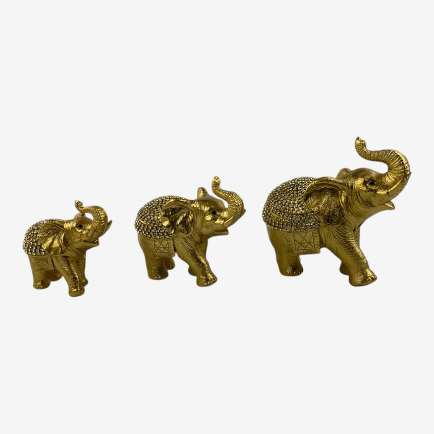 Gold Elephant Figurine Trio with Crystal Saddles | Home Decor