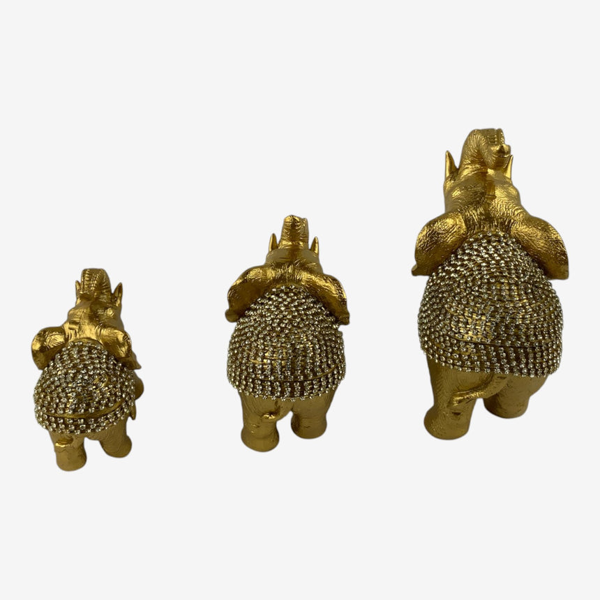 Gold Elephant Figurine Trio with Crystal Saddles | Home Decor
