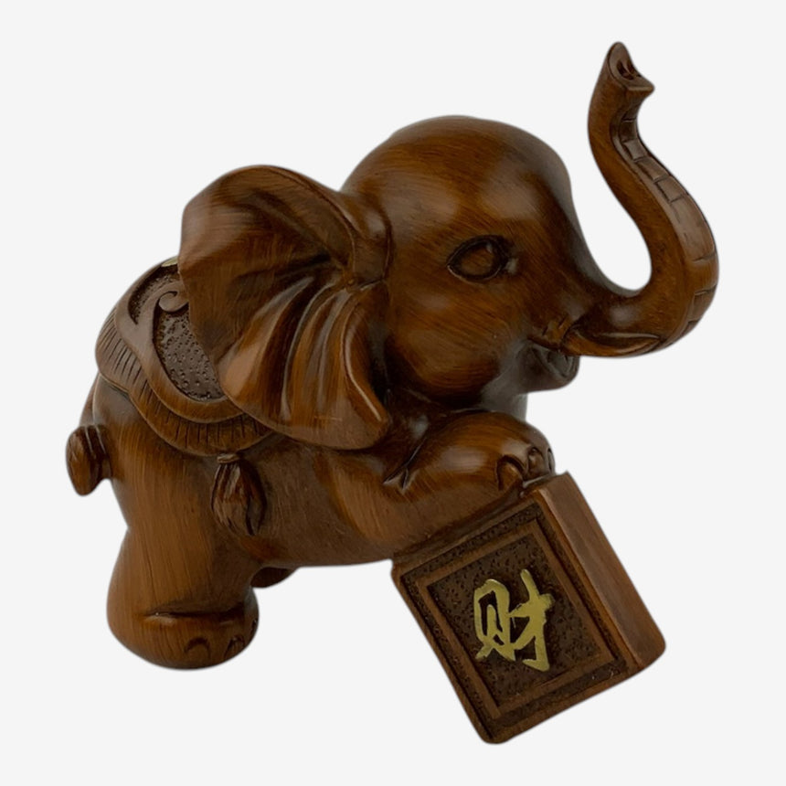 Wood Elephant with Gold Accents and Plaques | Home Decor